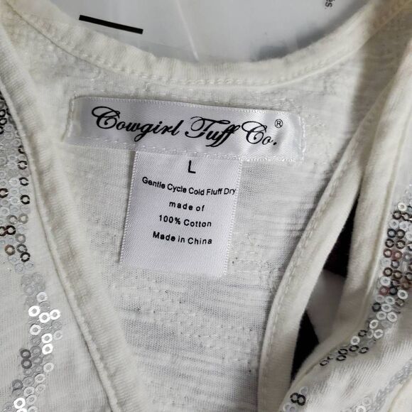 Cowgirl Tuff Co. Women’s White Silver Sequin Zebra Tank Top Size L - Picture 4 of 5